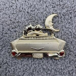 Vintage AJC Brooch Cats in Car Crescent Moon Gold Tone